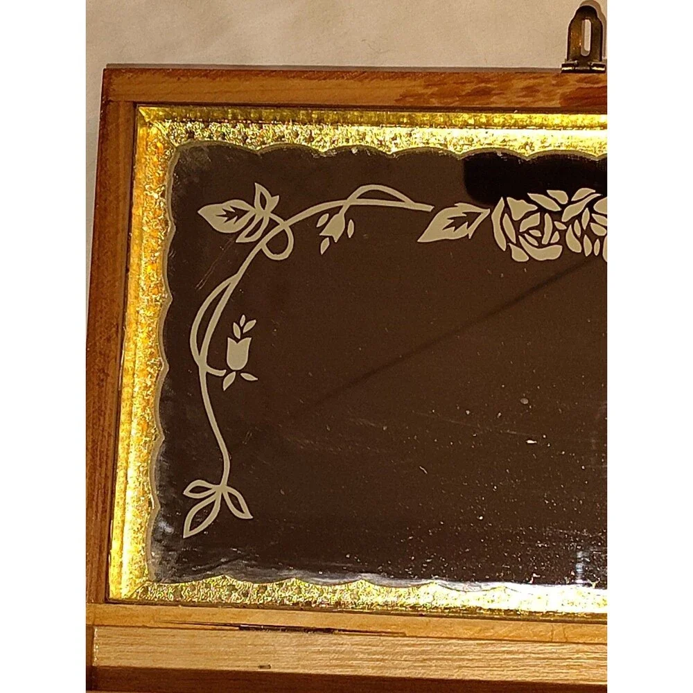 Vintage Mid-Century Carved Cedar Jewelry Box with Cottage Scene Interior Mirror